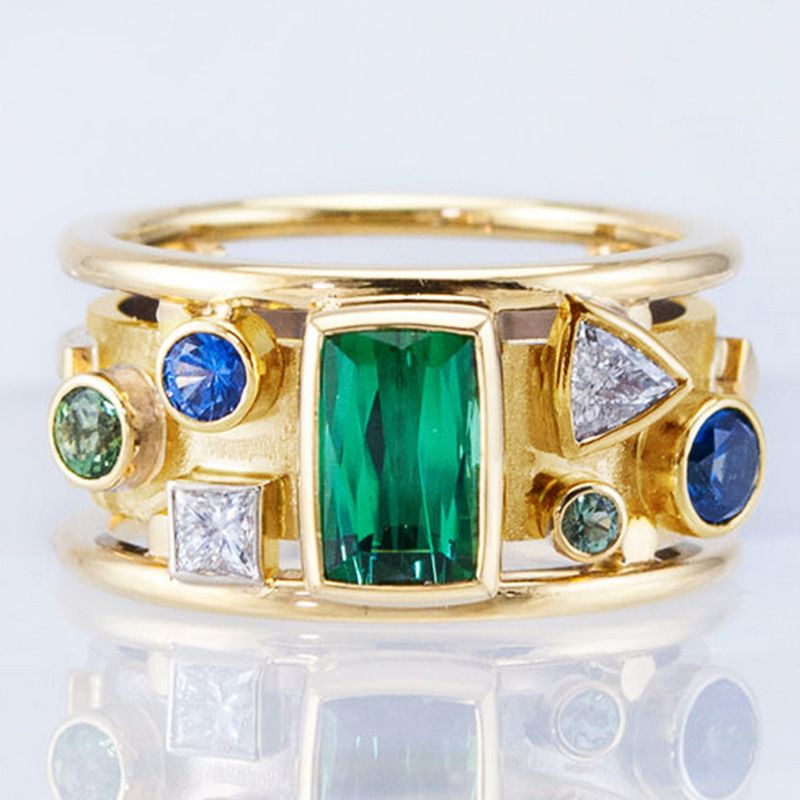 Cao Shi's Creative New Geometric Pattern Women's Gold Set With Green Zircon Ring Accessories_ipsvogv.com