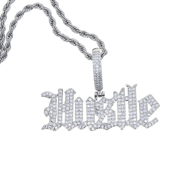 Men's Hip Hop Jewelry Hustle Zircon Pendant Necklace With Twist Chain, Silver & Gold Options, 24 Inches Fashion Trend Men's Necklace_ipsvogv.com