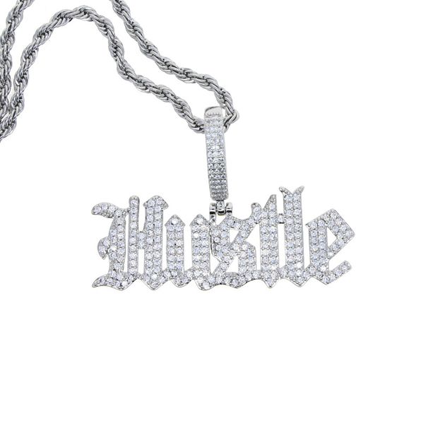 Men's Hip Hop Jewelry Hustle Zircon Pendant Necklace With Twist Chain, Silver & Gold Options, 24 Inches Fashion Trend Men's Necklace_ipsvogv.com