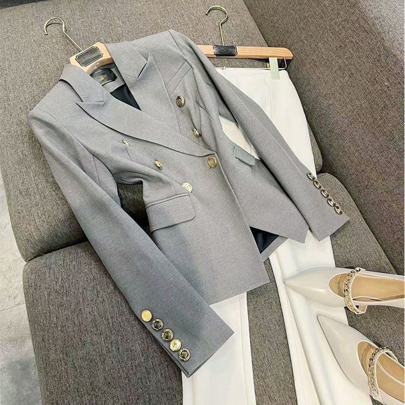 Women's Clothing Ready made gray good aura! Double breasted metal buckle slim fit commuter long sleeve blazer_ipsvogv.com