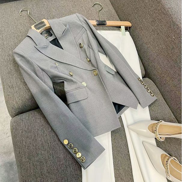 Women's Clothing Ready made gray good aura! Double breasted metal buckle slim fit commuter long sleeve blazer_ipsvogv.com