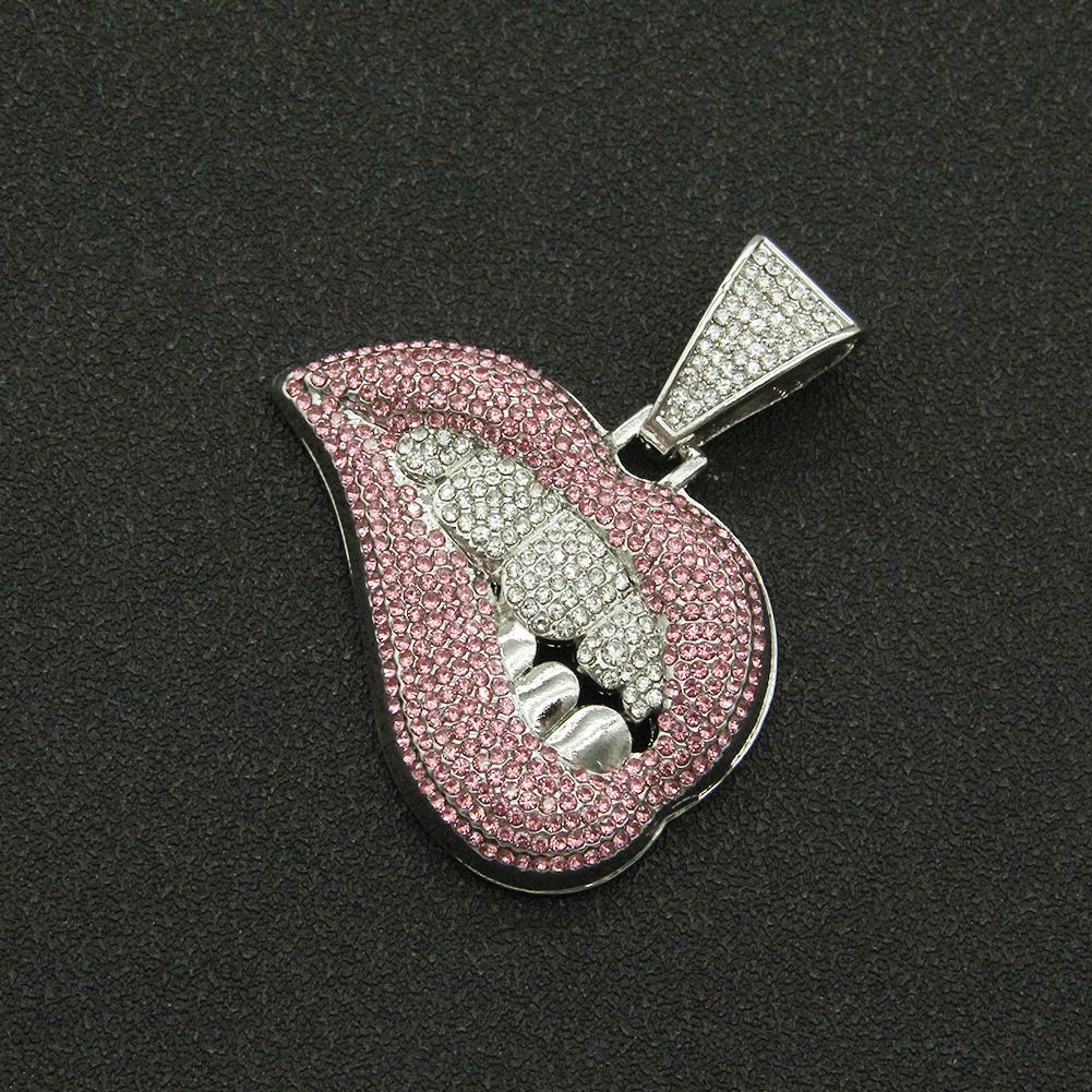 Trendy personality pink lips with diamond teeth pendant necklace for men's domineering, cool and exaggerated Cuban chain_ipsvogv.com