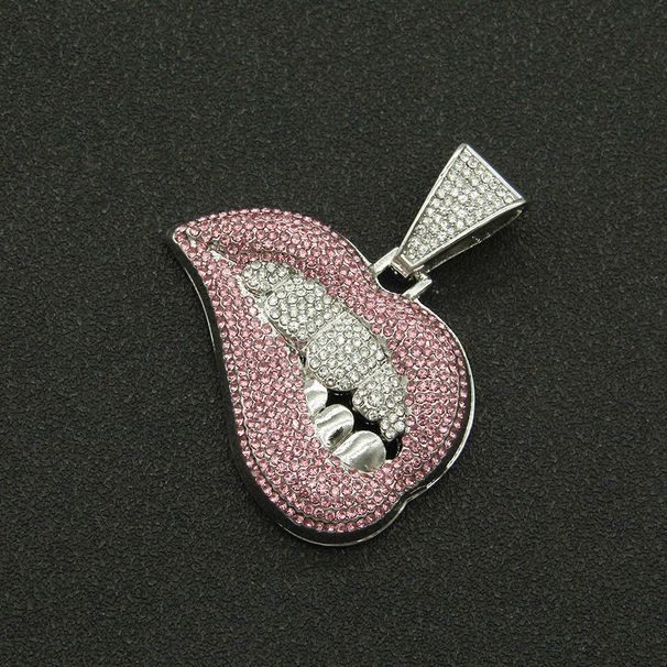 Trendy personality pink lips with diamond teeth pendant necklace for men's domineering, cool and exaggerated Cuban chain_ipsvogv.com