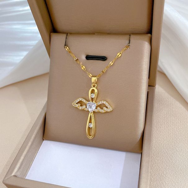 【 Titanium Steel 】 Luxury Angel Cross Internet Celebrity Same Style Deep Pink Necklace For Women's Fashion Trend_ipsvogv.com