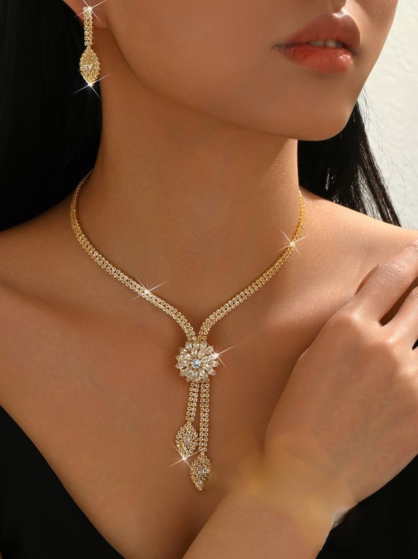 New Fashion Creative Wedding Zircon Flower Jewelry Bride Banquet Earrings Necklace Set_ipsvogv.com