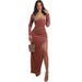 Women's Clothing autumn and winter new long sleeved square neck slit dress_ipsvogv.com
