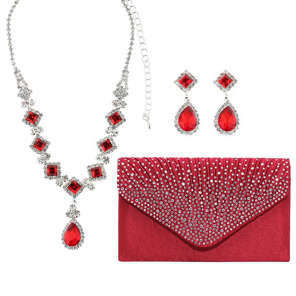 Fashionable popular new red personality geometric water drop necklace earrings red dinner bag set_ipsvogv.com