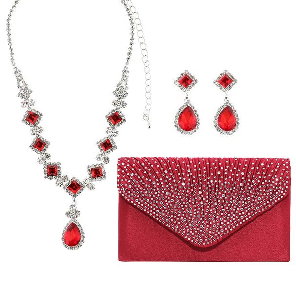 Fashionable popular new red personality geometric water drop necklace earrings red dinner bag set_ipsvogv.com