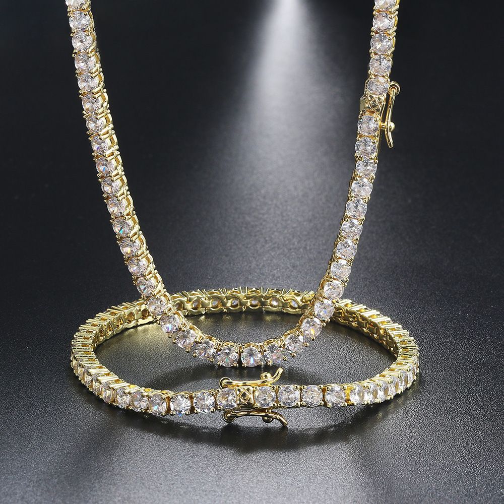 Hip Hop Single Row Zircon Necklace Bracelet With Full Diamond Duck Tongue Buckle Handmade Tennis Chain Set_ipsvogv.com