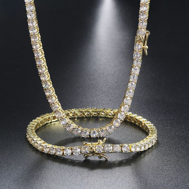 Hip Hop Single Row Zircon Necklace Bracelet With Full Diamond Duck Tongue Buckle Handmade Tennis Chain Set_ipsvogv.com