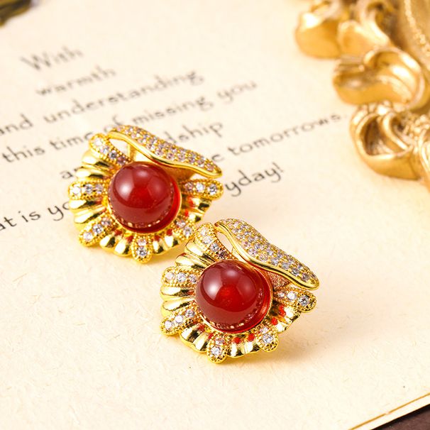 Vintage Red Green Agate Zircon Earrings with Silver Needles, Light Luxury, Small High End Earrings, Autumn and Winter_ipsvogv.com