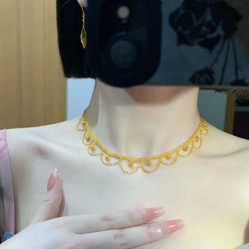 Pure Copper Gold-Plated Tassel Lace Chain Clavicle Necklace Women, Exquisite Sweet Style Mesh Bell Choker, Gift For_ipsvogv.com