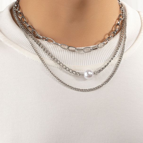 European And American Cross-border High-end Hip-hop Versatile Cuban Chain Trendy Pearl Men's Light Luxury Collarbone Chain_ipsvogv.com