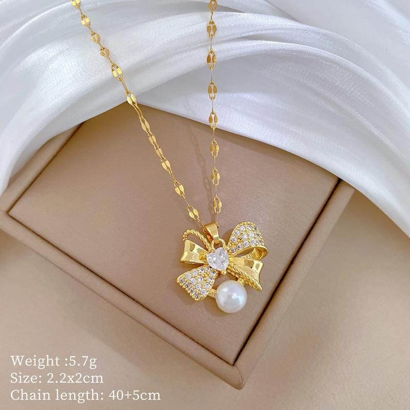 Stainless Steel Cute Bow Water Drop Pendant Necklace Earrings For Women Girl New Trendy Jewelry Set Gift Party_ipsvogv.com
