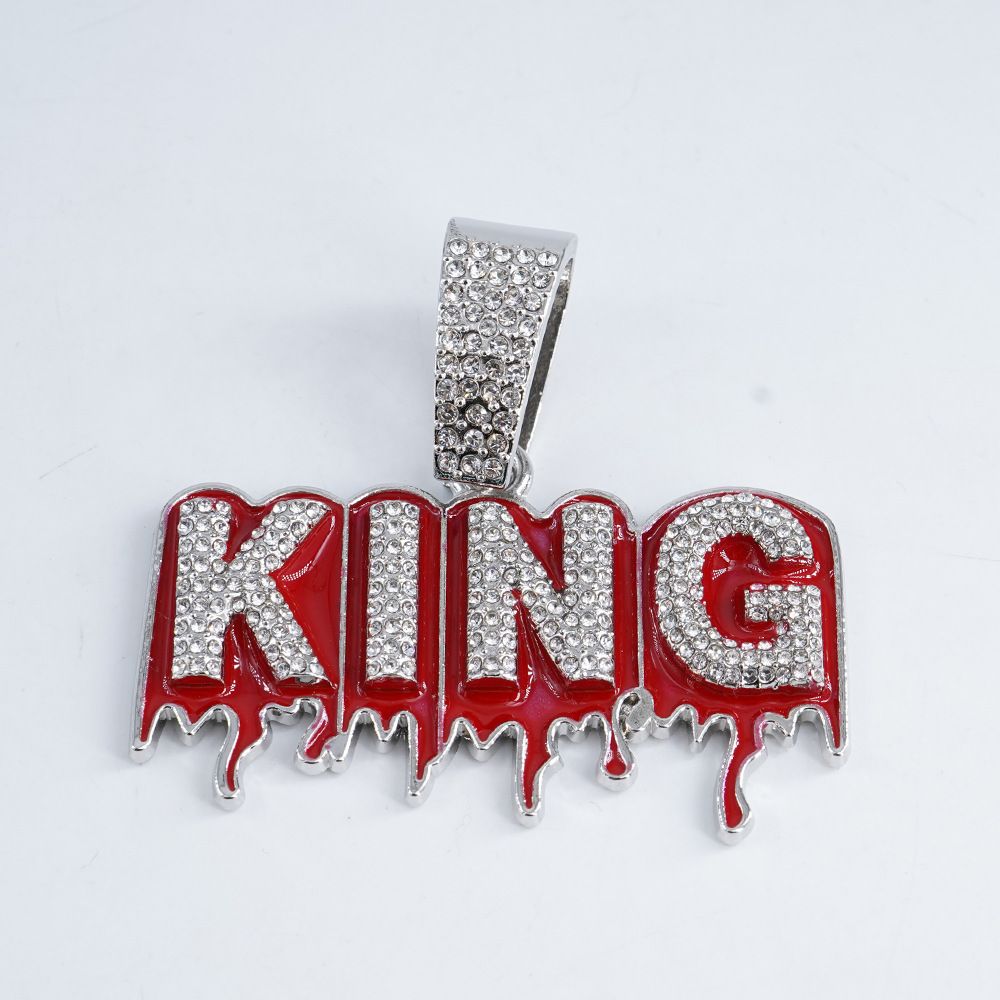 Hip Hop Diamond Studded Red Drip Oil KING Letter Pendant Full Of Diamonds Men's Hip-hop Necklace Cuban Chain_ipsvogv.com