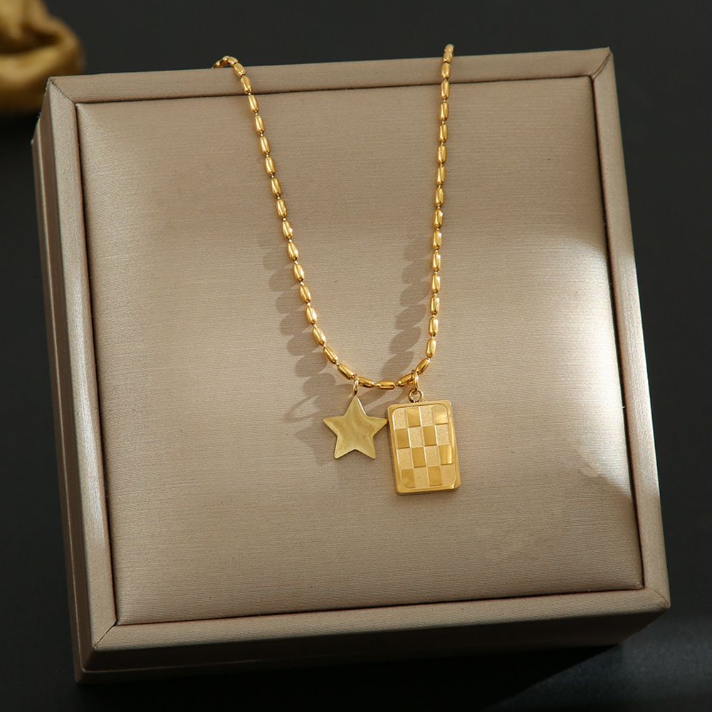 Chessboard Square Card Pentagonal Star Titanium Steel Necklace, Feminine Temperament, Niche Fashion, Collarbone Chain,_ipsvogv.com