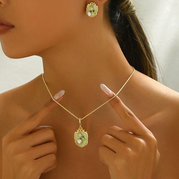 Ins Simplified Japanese and Korean Style Women's Earrings, Necklace, Jewelry Personalized Pearl Set, Drip Oil Design,_ipsvogv.com