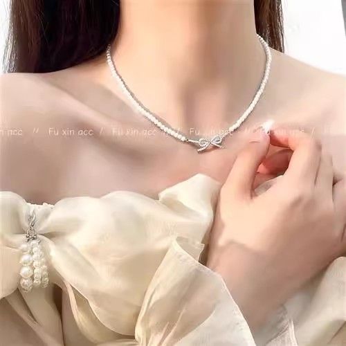 Zircon Bowknot Ribbon Pearl Necklace Exquisite Temperament Versatile Clavicle Chain Fashion High-end Sense Light Luxury_ipsvogv.com