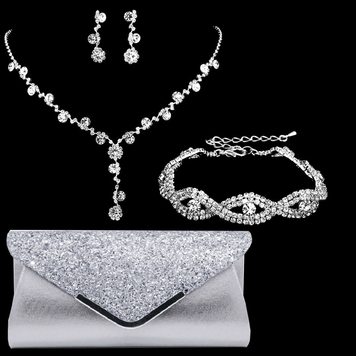 Fashion classic flower V neck rhinestone necklace earrings bracelet female evening bag versatile bridal set_ipsvogv.com