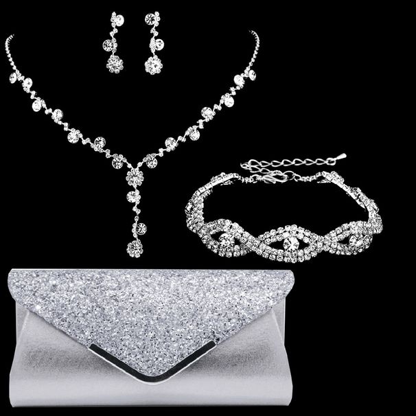 Fashion classic flower V neck rhinestone necklace earrings bracelet female evening bag versatile bridal set_ipsvogv.com