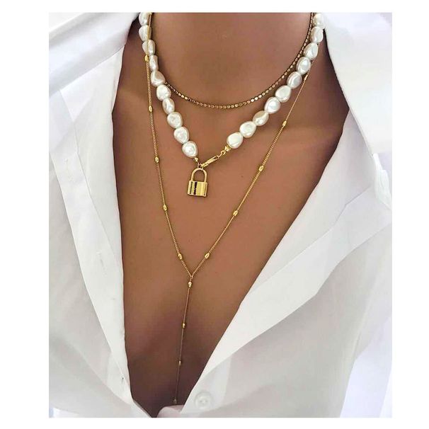 Korean multi layer sweater chain simple pearl clavicle chain female long neck chain lock pendant necklace female_ipsvogv.com