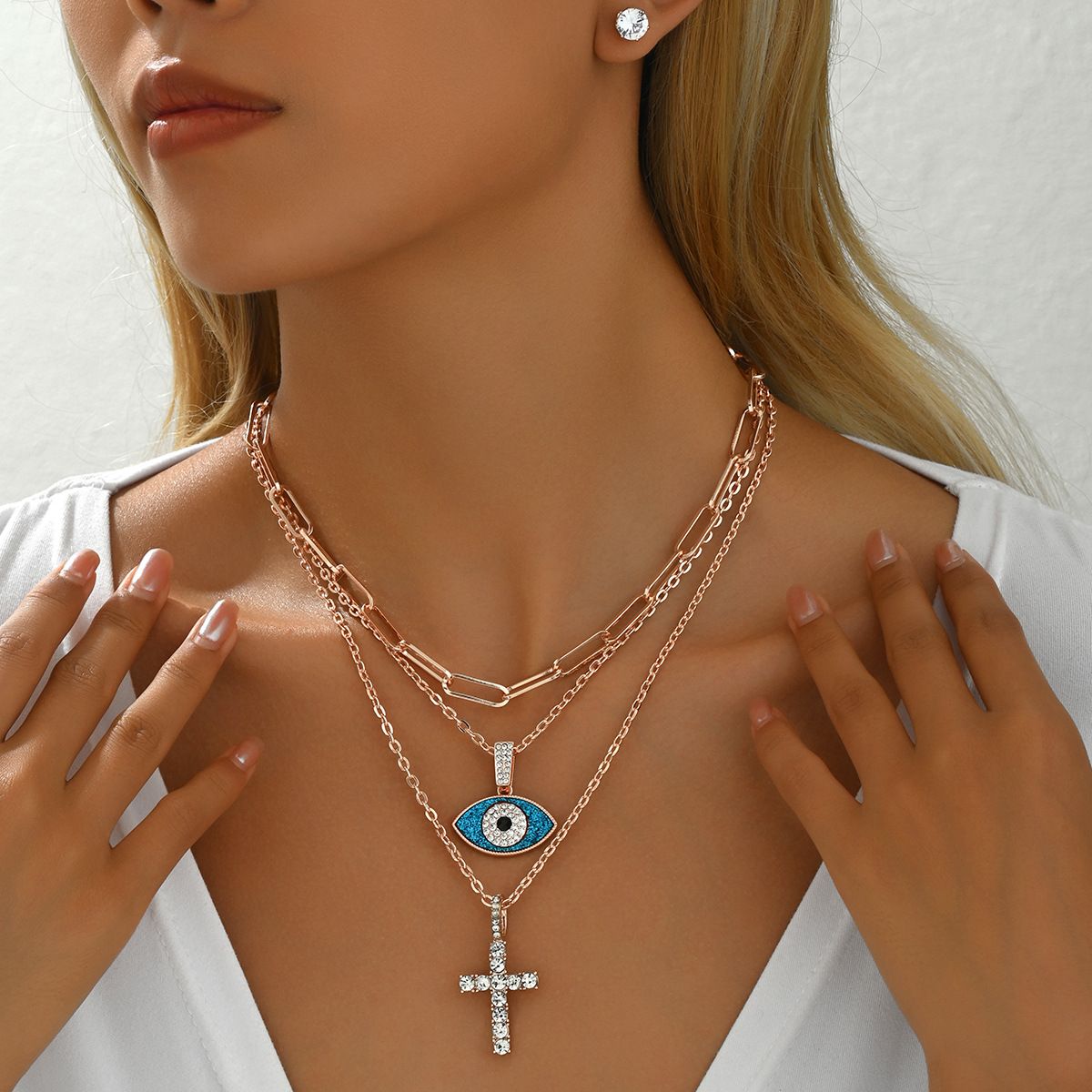 Minimalist cross double layered design Devil's Eye necklace with personalized zircon inlay, niche high-end earrings_ipsvogv.com