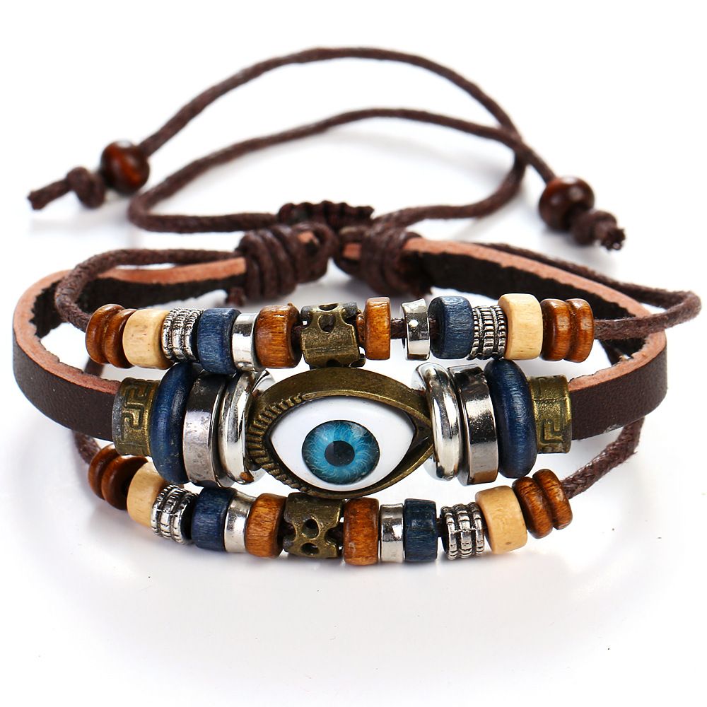 Blue Eye Beaded Multi-layer Cowhide Hollow Men's Leather Bracelet_ipsvogv.com