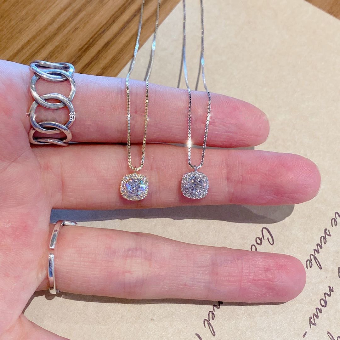 Silver Plated Zircon Charm Female Pendant Instagram Cold Japanese And Korean Versatile Full Diamond Square Geometric_ipsvogv.com