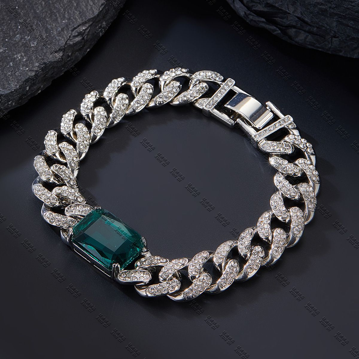 Men’s Jewelry Set Fashion Emerald New Hip Hop Necklace Fashion High Grade Alloy Rhinestone Cuban Chain_ipsvogv.com