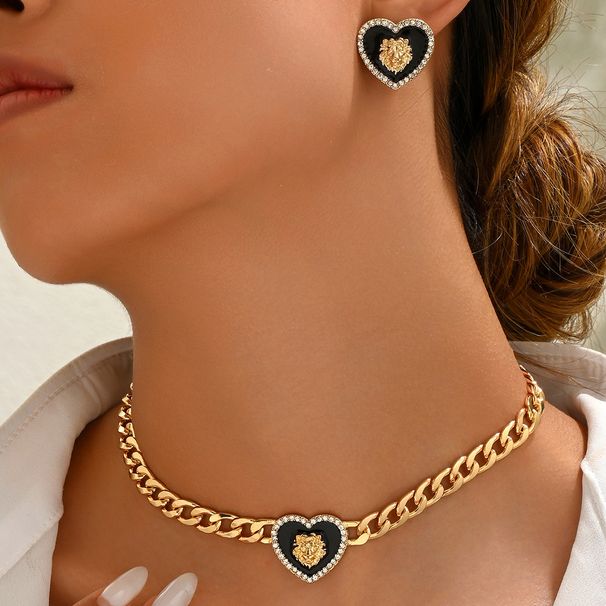 Feng Lady Cuban Chain Earring Set Personalized Love Lion Inlaid Diamond Design Earrings Long Necklace_ipsvogv.com
