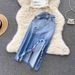 Women's Smocked Strappy Shoulder Vest Irregular Raw Edge Slit Denim Skirt Two-piece Set_ipsvogv.com