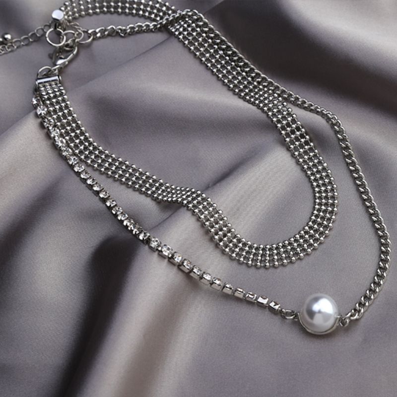 New alloy copper jewelry fashion high gloss pearl pendant clavicle chain glass diamond multi layer necklace_ipsvogv.com