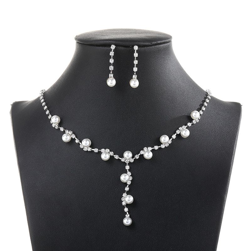 Jewelry For Women Korean And Japanese Style Natural Earrings High Gloss Rhinestone Accessories Pearl Necklace Two-Piece Set_ipsvogv.com