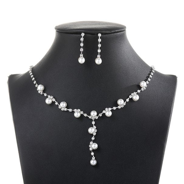 Jewelry For Women Korean And Japanese Style Natural Earrings High Gloss Rhinestone Accessories Pearl Necklace Two-Piece Set_ipsvogv.com