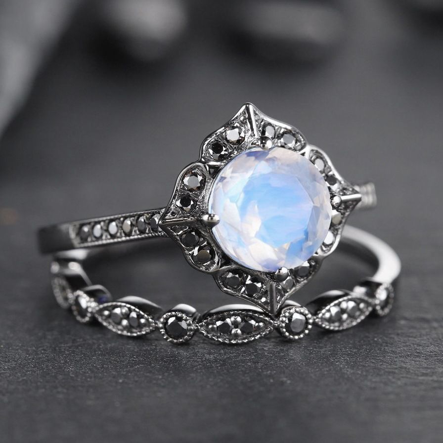 Sanjie Women's Creative Black Warrior Jewelry Couple Pair Simple Moonstone Flower Ring_ipsvogv.com