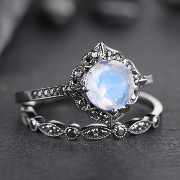 Sanjie Women's Creative Black Warrior Jewelry Couple Pair Simple Moonstone Flower Ring_ipsvogv.com