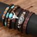 New Western Cowboy Style Leather Cow Head Turquoise Chicken Wing Wood Coconut Shell Men's 6-Piece Bracelet Set_ipsvogv.com