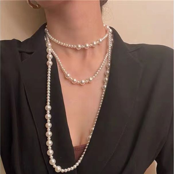 2022 Autumn New Three Layer Pearl Necklace French Elegant Pearl Long Necklace Dinner Style Sweater Chain Female_ipsvogv.com