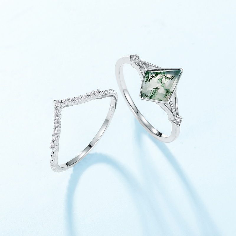hot Collection Stacking Geometric Water Grass Agate Ring S925 Silver Natural Green Moss Stone Combination Ring Simplicity_ipsvogv.com