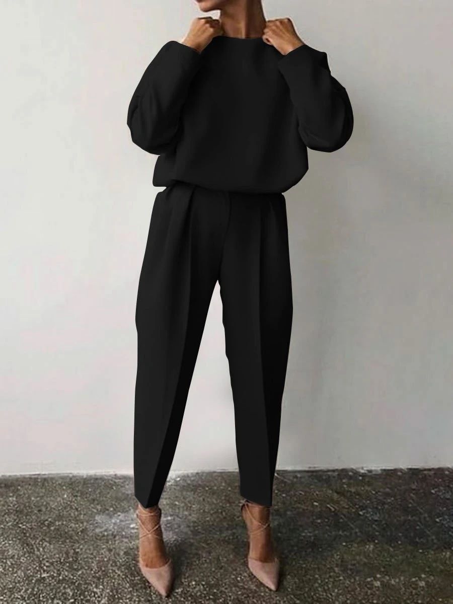 Women's loose solid color long-sleeved casual two-piece set_ipsvogv.com