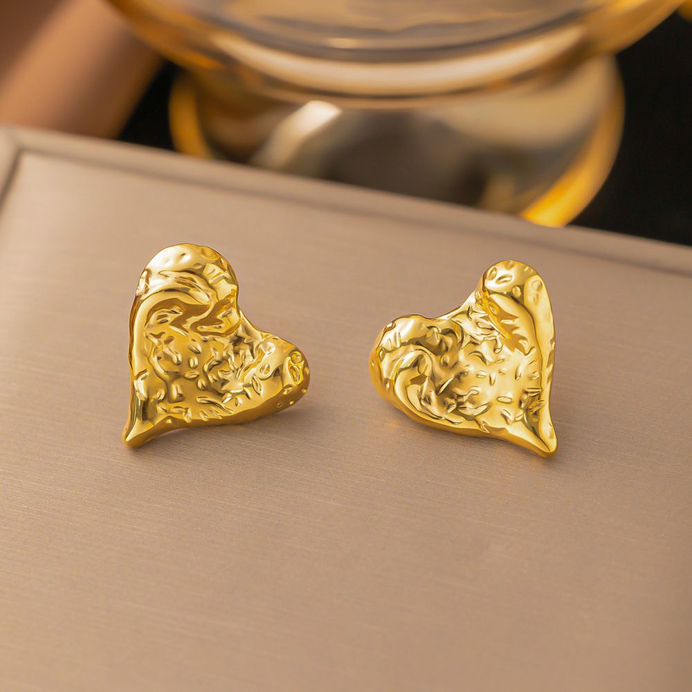 Internet Celebrity Fashion Trend Titanium Steel Niche Design, Textured Heart Earrings, Earrings_ipsvogv.com