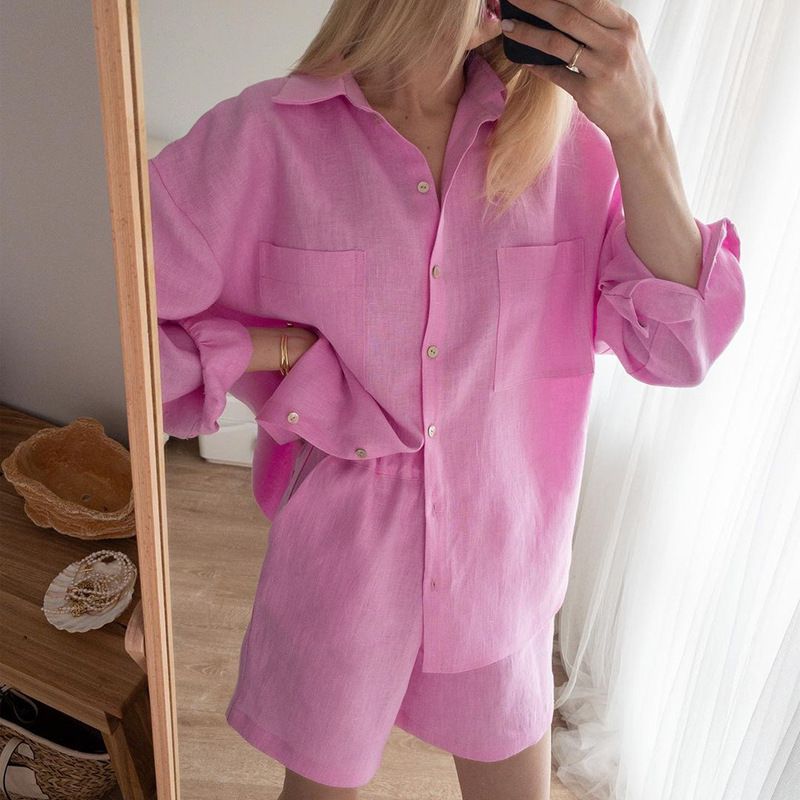 Women's Clothing Versatile Shirt Elastic Waist Shorts Cotton Linen Two Piece Set_ipsvogv.com