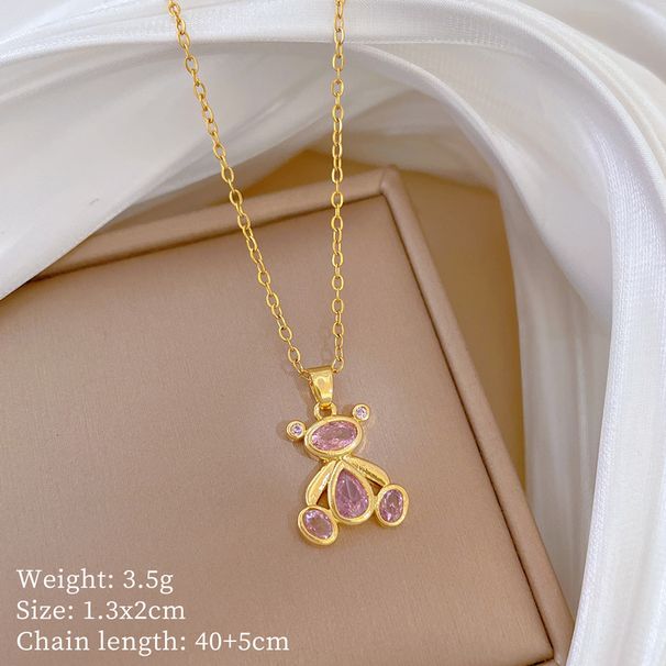 Steel 【 Titanium 】 Pink Teddy Bear Light Luxury Temperament Gorgeous Full Diamond Necklace Women's Versatile Collarbone 【 】_ipsvogv.com