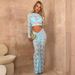 Women's perspective round neck high waist long sleeve waist hip skirt two-piece lace skirt_ipsvogv.com