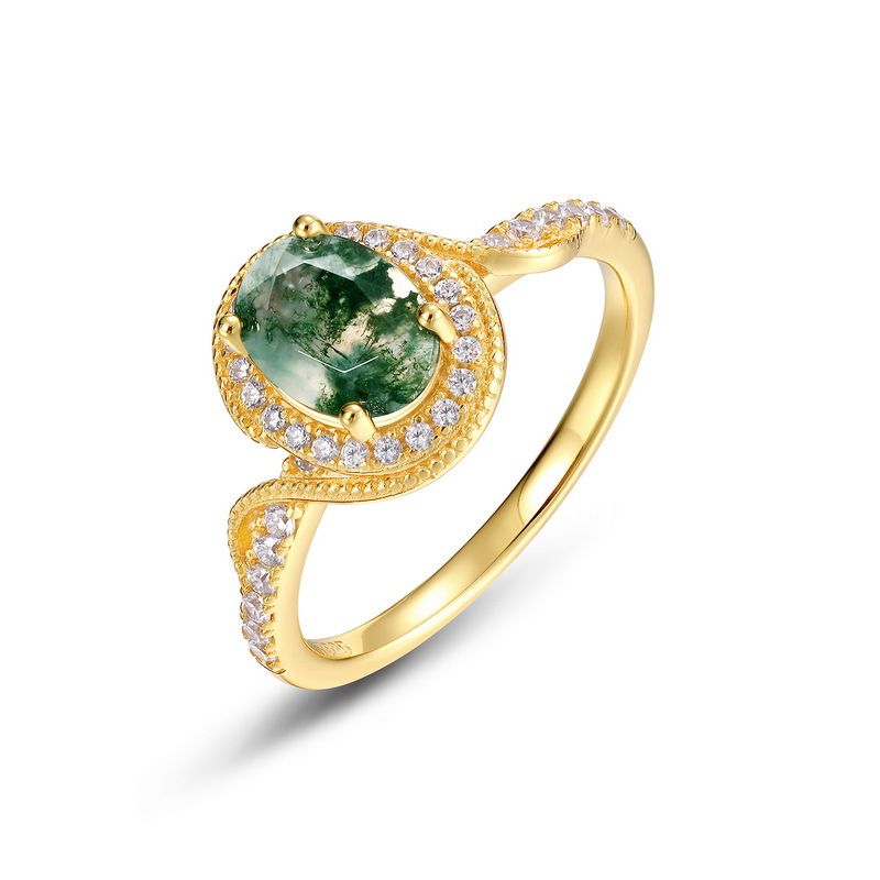 Natural Water Grass Agate Plated 10K Gold Ring S925 Silver Inlaid Green Moss Finger Ring Light Luxury_ipsvogv.com
