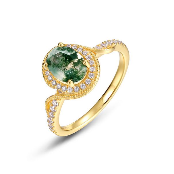 Natural Water Grass Agate Plated 10K Gold Ring S925 Silver Inlaid Green Moss Finger Ring Light Luxury_ipsvogv.com