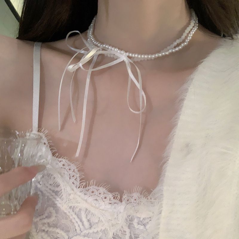 Versatile Pure Desire Girl~ Celebrity Style Sweet And Spicy Bowknot Ribbon Necklace Exquisite Beaded Collarbone Chain_ipsvogv.com