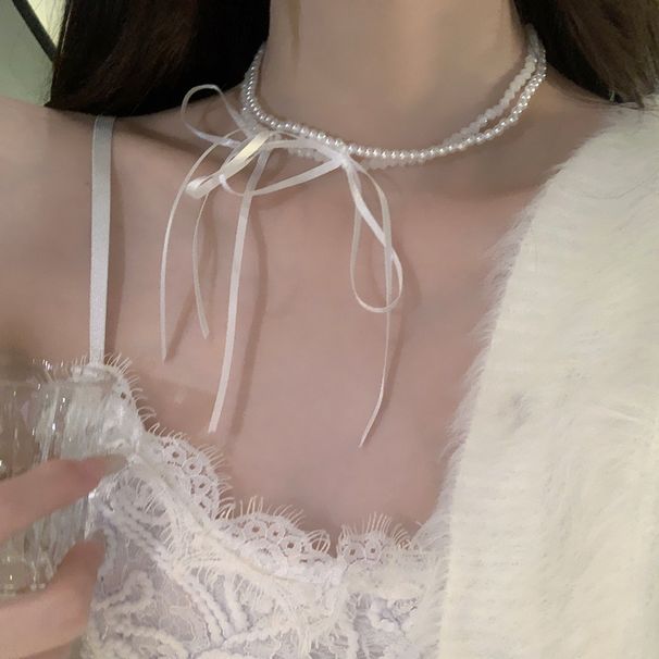 Versatile Pure Desire Girl~ Celebrity Style Sweet And Spicy Bowknot Ribbon Necklace Exquisite Beaded Collarbone Chain_ipsvogv.com