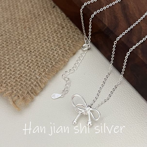 Han Jian's S Pure Silver Simple Line Bow Necklace For Women's Light Luxury, High-end Fashion, Versatile Ins Collarbone_ipsvogv.com