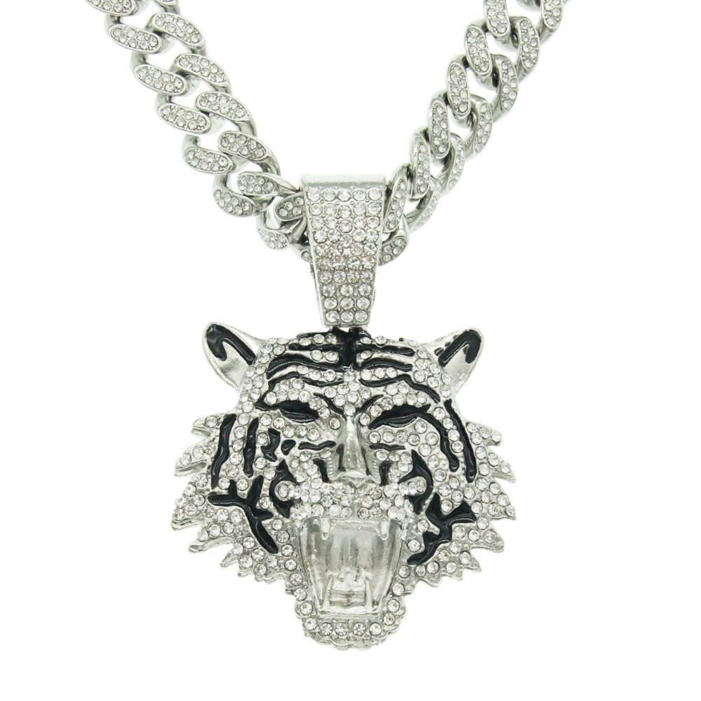 Cool 3D Full Diamond Oil Tiger Head Pendant Cuban Chain Trendy Nightclub Personalized Men's Necklace_ipsvogv.com